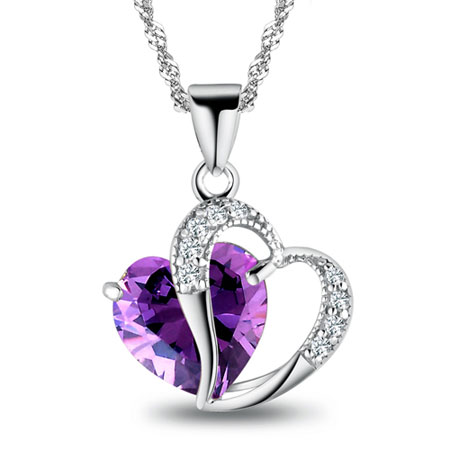 Diamond Amethyst Sterling Silver Double Heart Necklace - Click Image to Close