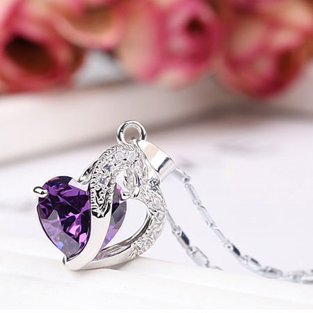 Diamond Amethyst Sterling Silver Double Heart Necklace - Click Image to Close