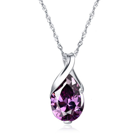 Women Sterling Silver Amethyst Tear Water Drop Pendant Necklace