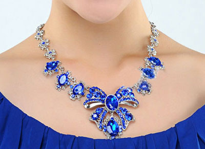 Blue Rhinestone Multi Sapphire Wedding Necklace Earrings Sets - Click Image to Close