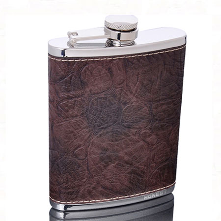 Cool 7 oz Stainless Steel Wine Flask with Leather Cover - Click Image to Close
