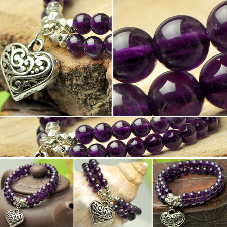 Double Strand Natural Amethyst Beaded Charm Bracelets for Women - Click Image to Close