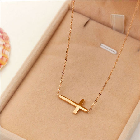 14K Rose Gold Titanium Small Sideways Cross Necklace for Women