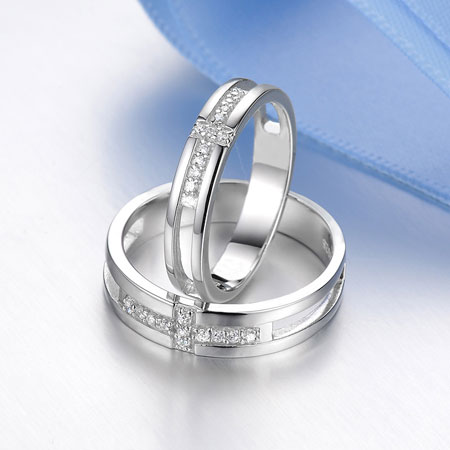 Christian Silver Celtic Cross CZ Juego de anillos de compromiso de boda