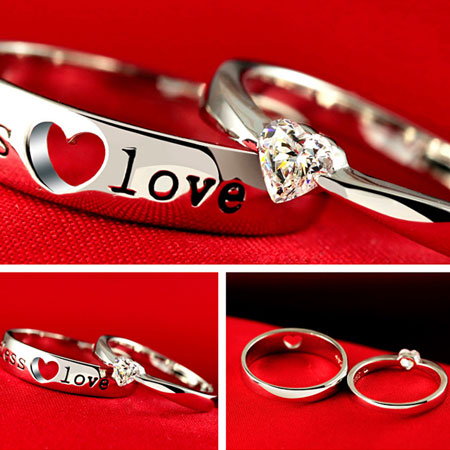 Conjuntos de anillos de boda para él y para ella en plata de ley con grabado de corazón