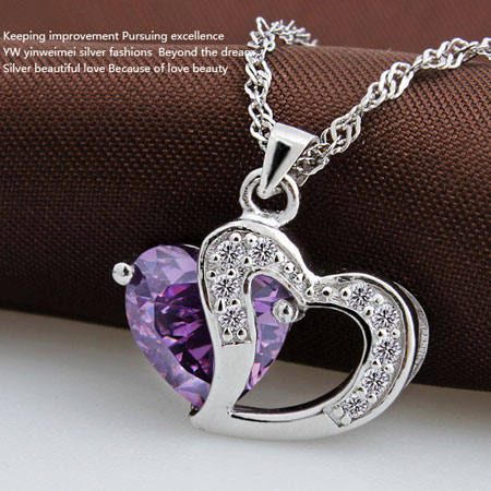 Diamond Amethyst Sterling Silver Double Heart Necklace