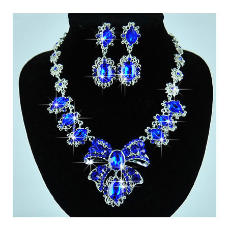 Blue Rhinestone Multi Sapphire Wedding Necklace Earrings Sets