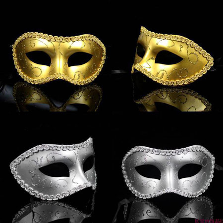 Maschere Veneziane con piume d'oro Maschere in maschera d'argento per coppie
