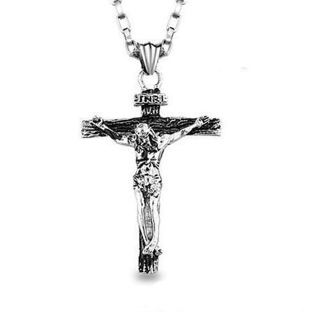 Collana con crocifisso in titanio con ciondolo a croce di Gesù cattolico per uomo