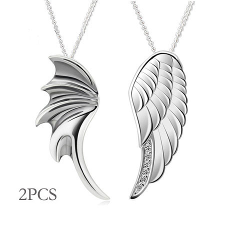 Dopasowane srebrne naszyjniki ze skrzydłami anioła dla mężczyzn i kobiet
