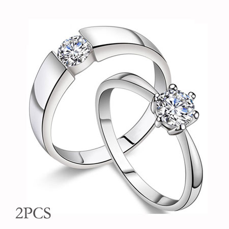 Conjuntos baratos de anéis de casamento em prata de lei CZ para homens e mulheres
